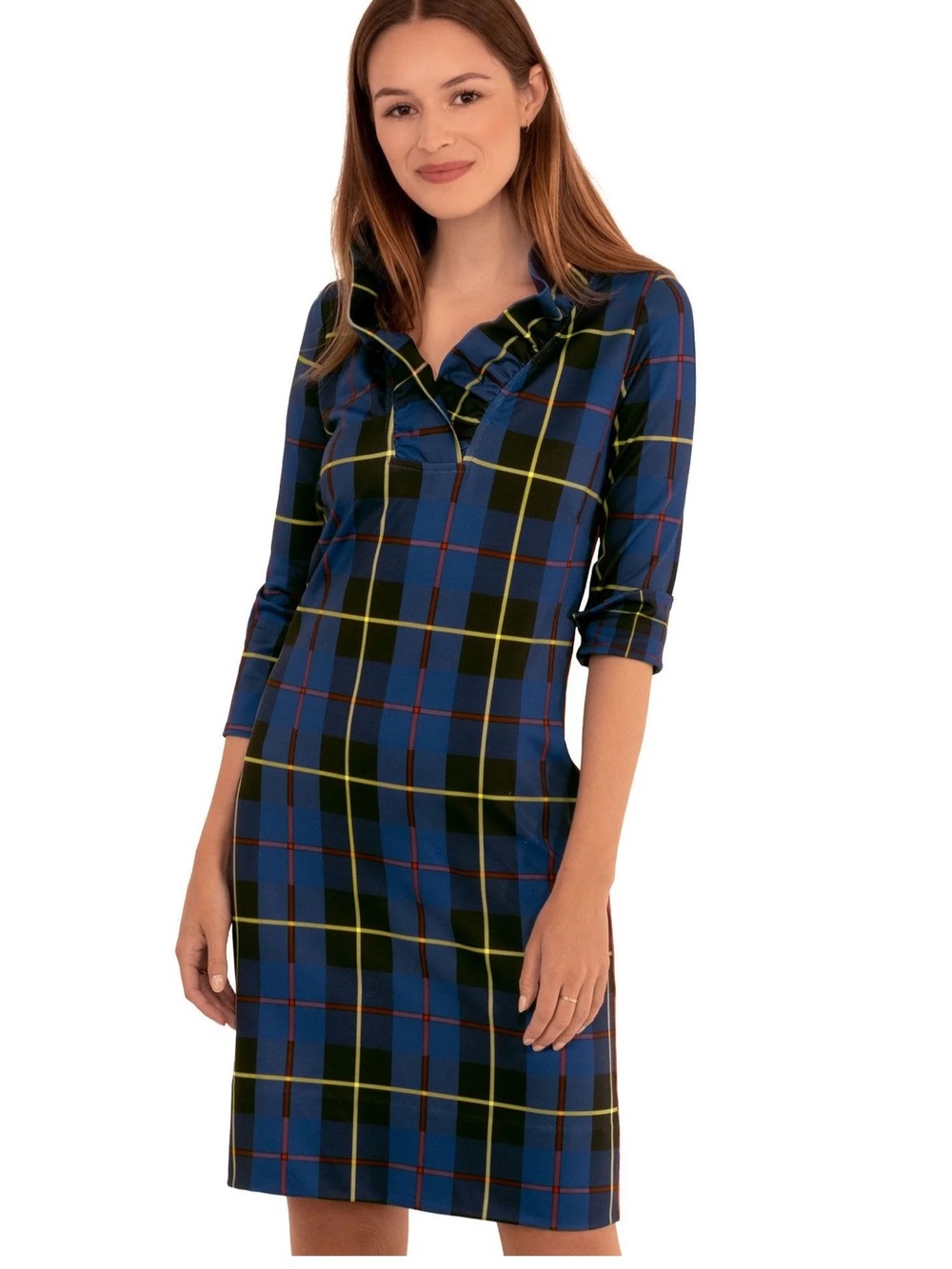 Gretchen Scott ruffle neck plaid dress